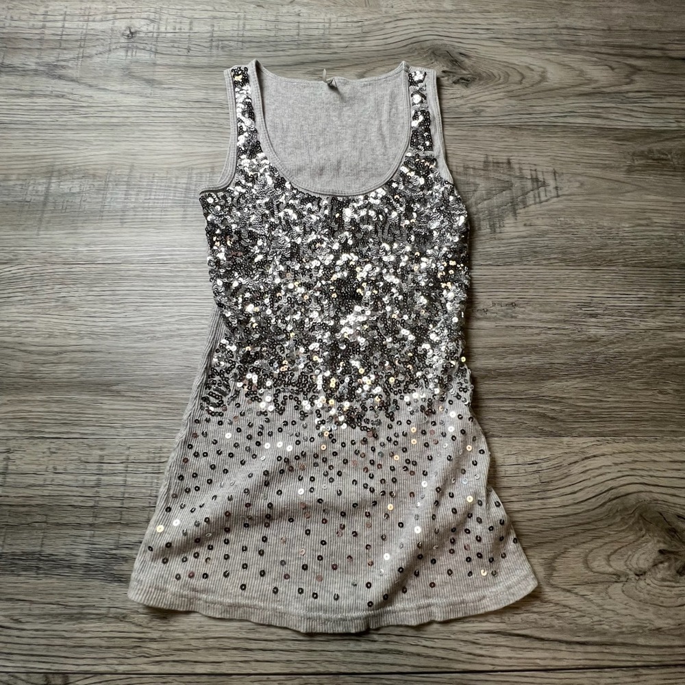 Roxy Tank Top‎ Womens Small Gray Sequin Ribbed Knit Glam Y2K AD49